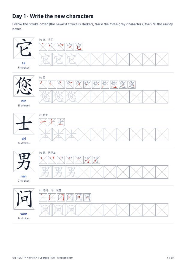 Writing practice for each new character